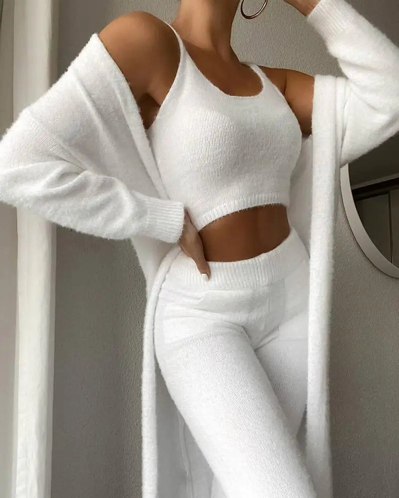 Fall Winter Fashion Women Sweater Pajamas Set Cozy Lounge Wear Fuzzy Fleece Sleepwear with Robe 3 Pieces Lounge Wear Sets