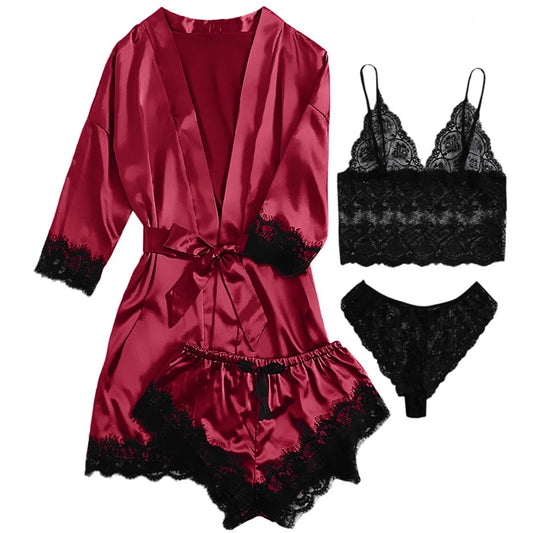 Sexy Lingerie,  Silk Satin Pajamas for Women, Womens Summer Pajamas Pjs Sets of 4 Pcs with Floral Lace Top Shorts and Robe, Gift for Women, Black, 3XL